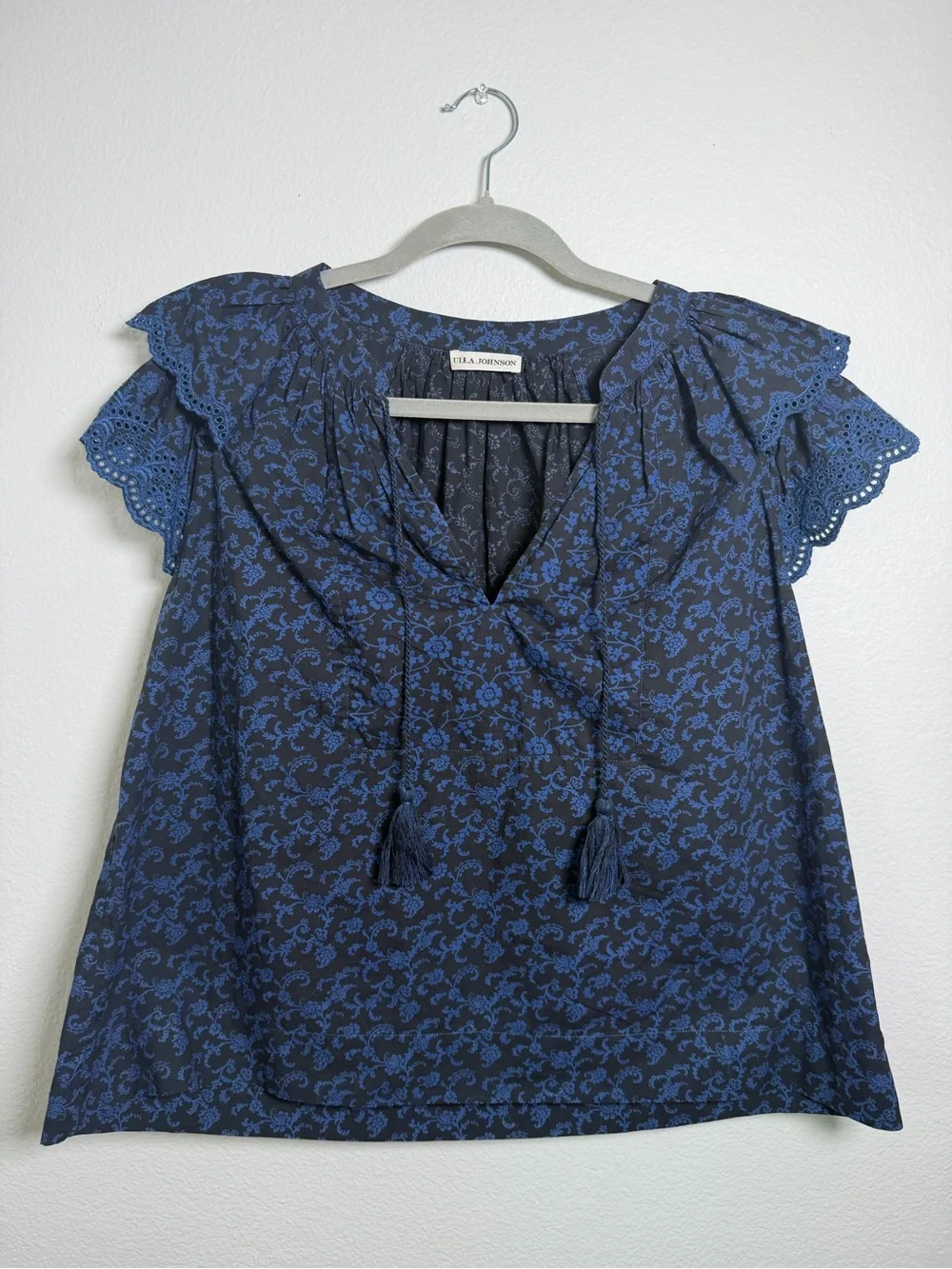 Ulla Johnson Elm Top-Navy & Blue Floral Tassel Tie-Front Blouse Retail $245